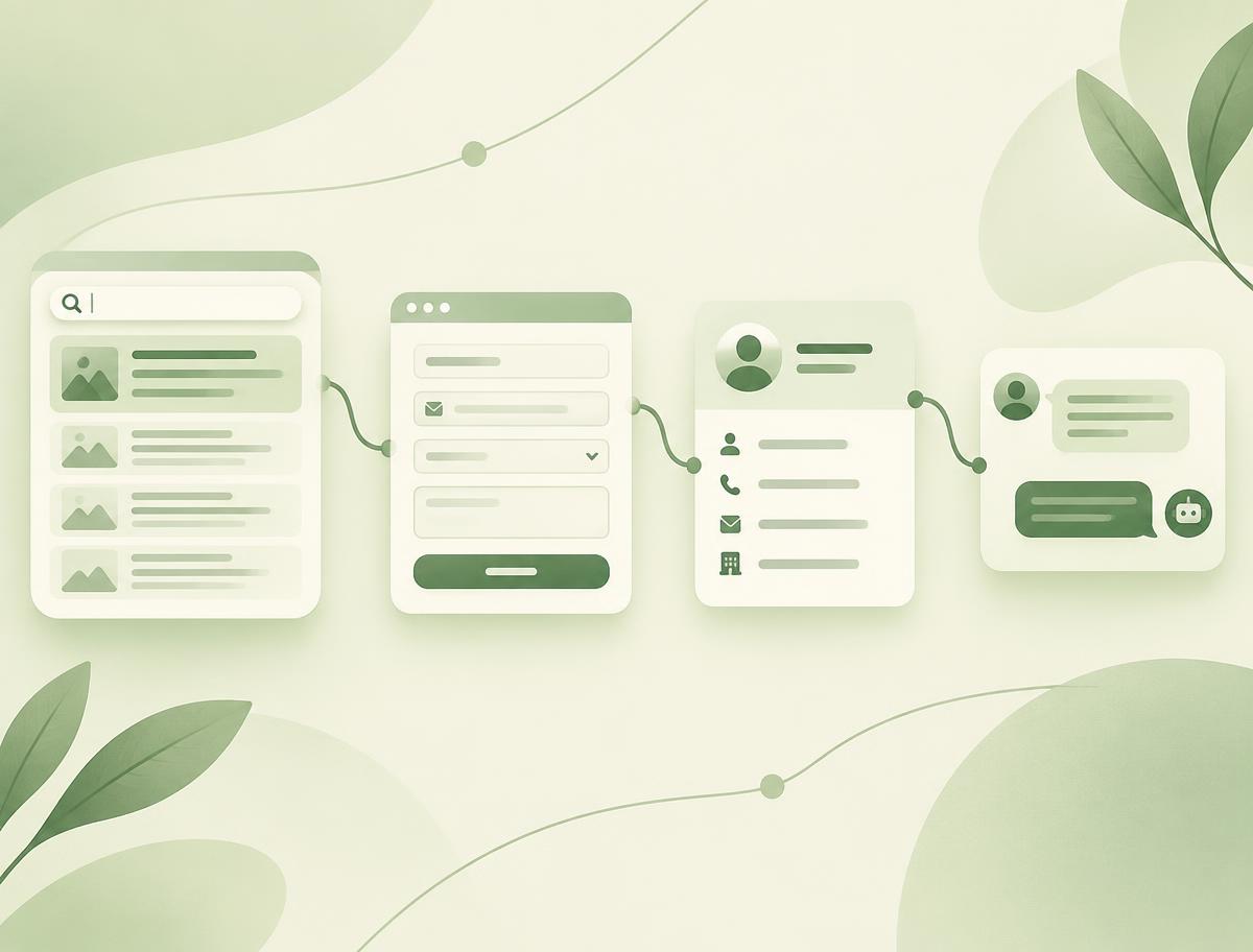 Illustration of a search result flowing into a website form, a CRM record, and an automatic reply