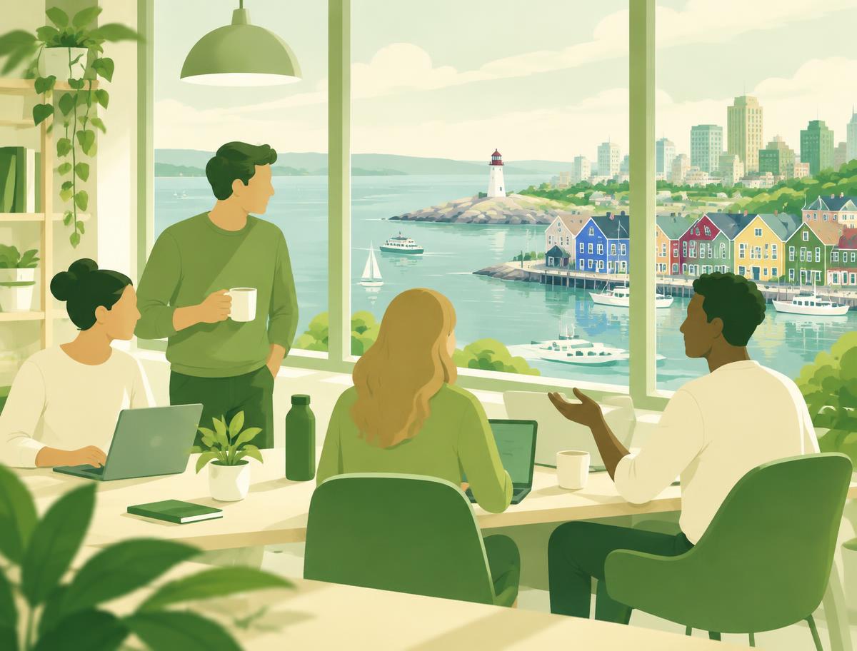 Illustration of a Halifax team working by a window overlooking the harbour and lighthouse