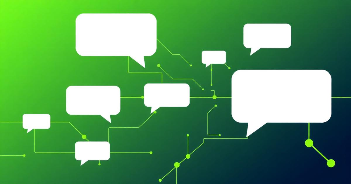 Abstract green illustration of message bubbles on circuit paths representing AI lead follow-up
