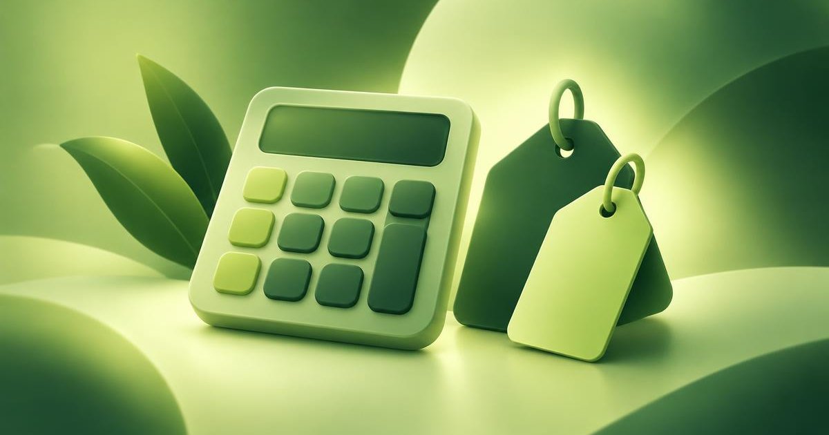 Abstract green illustration of a calculator beside price tags representing website and automation costs